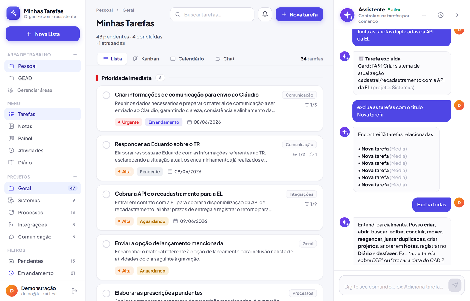 Lista de tarefas do Terefas Chat